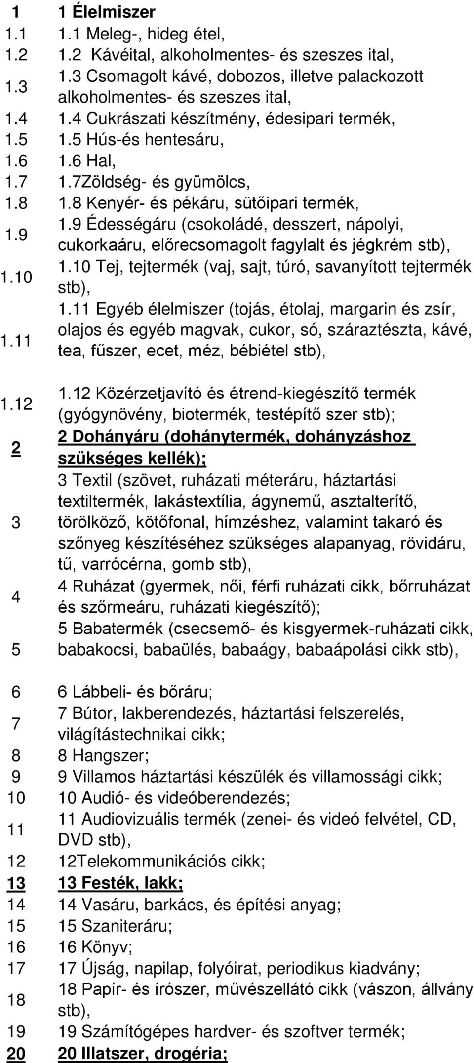 9 Édességáru (csokoládé, desszert, nápolyi, cukorkaáru, előrecsomagolt fagylalt és jégkrém stb), 1.10 Tej, tejtermék (vaj, sajt, túró, savanyított tejtermék stb), 1.