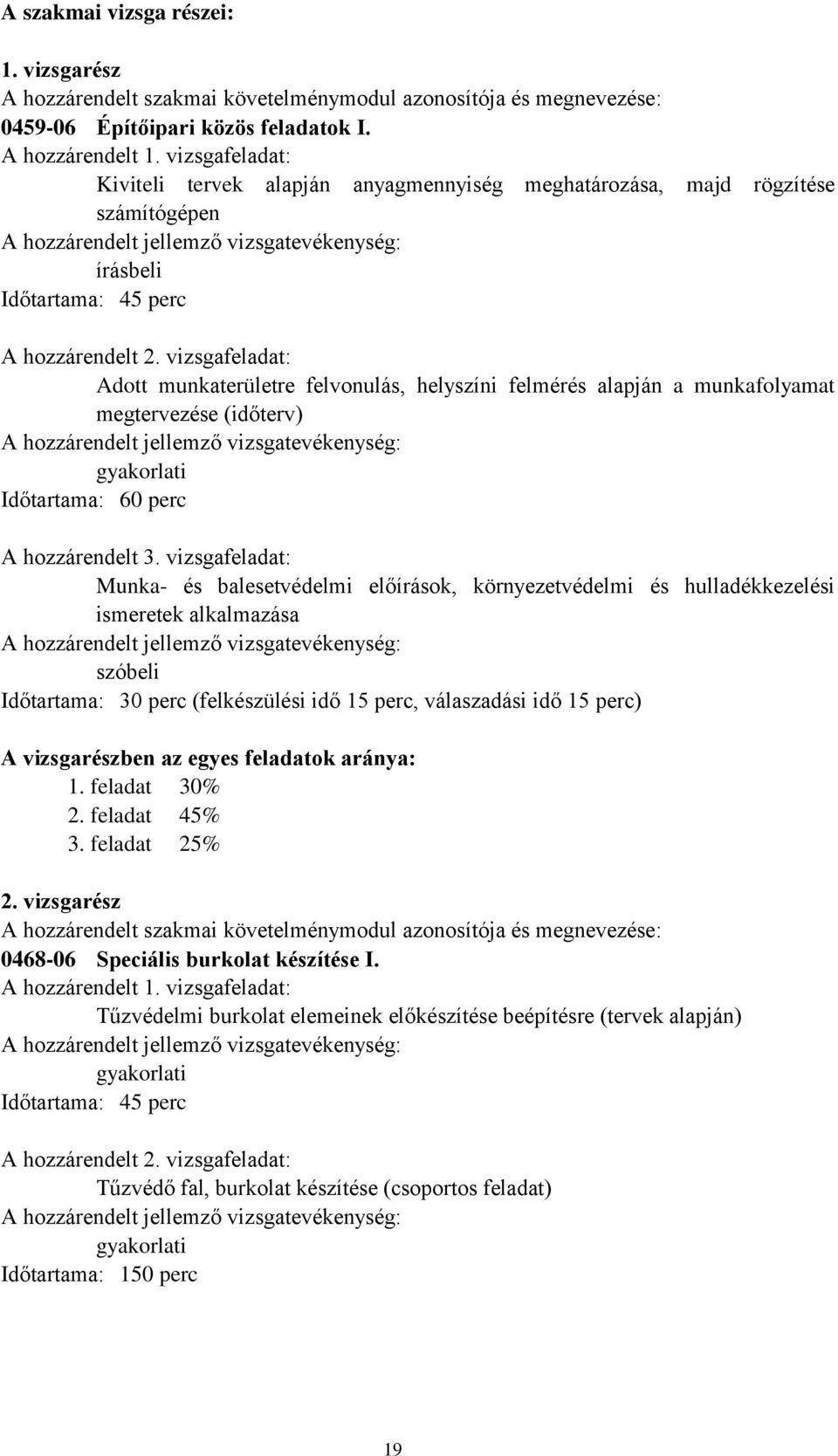 vizsgafeladat: Adott munkaterületre felvonulás, helyszíni felmérés alapján a munkafolyamat megtervezése (időterv) A hozzárendelt jellemző vizsgatevékenység: Időtartama: 60 perc A hozzárendelt 3.