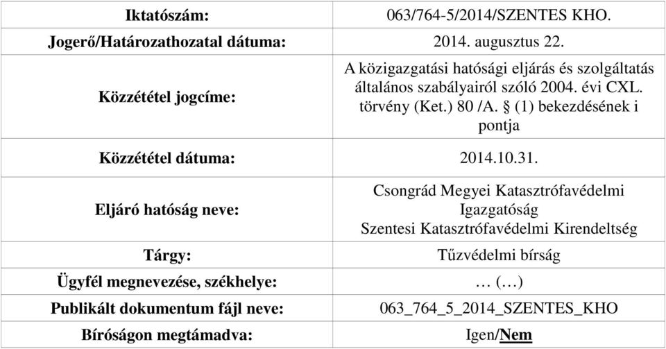 (1) bekezdésének i pontja Közzététel dátuma: 2014.10.31.
