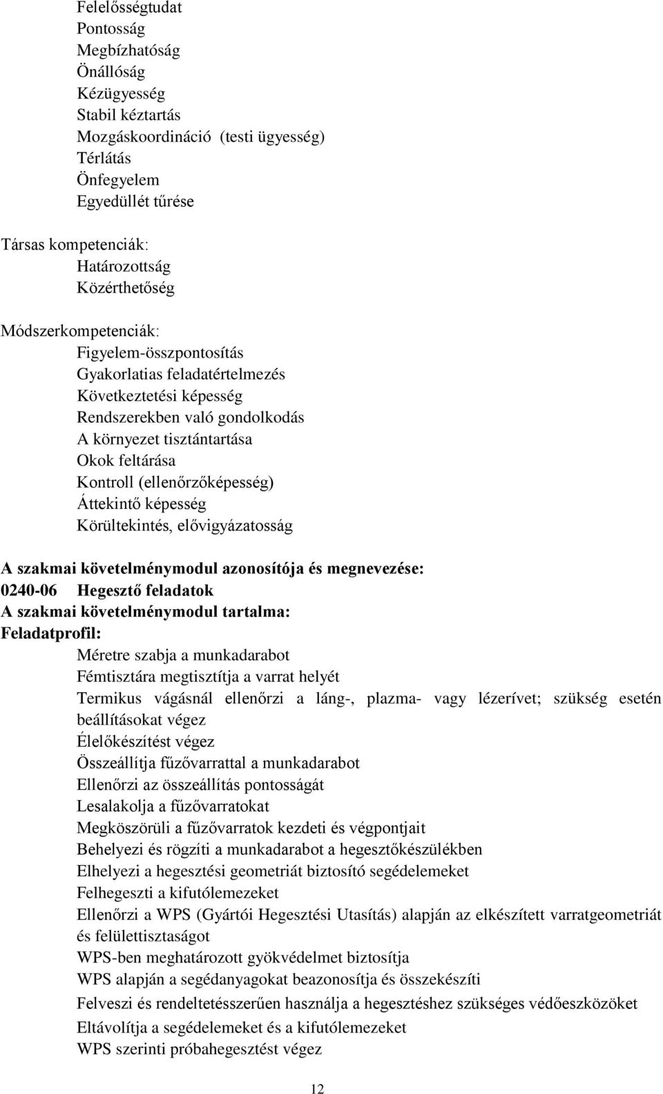 (ellenőrzőképesség) Áttekintő képesség Körültekintés, elővigyázatosság A szakmai követelménymodul azonosítója és megnevezése: 0240-06 Hegesztő feladatok A szakmai követelménymodul tartalma: