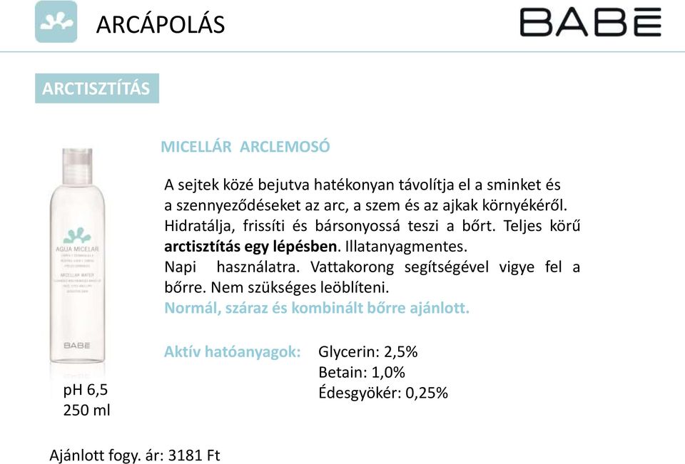 Teljes körű arctisztítás egy lépésben. Illatanyagmentes. Napi használatra. Vattakorong segítségével vigye fel a bőrre.