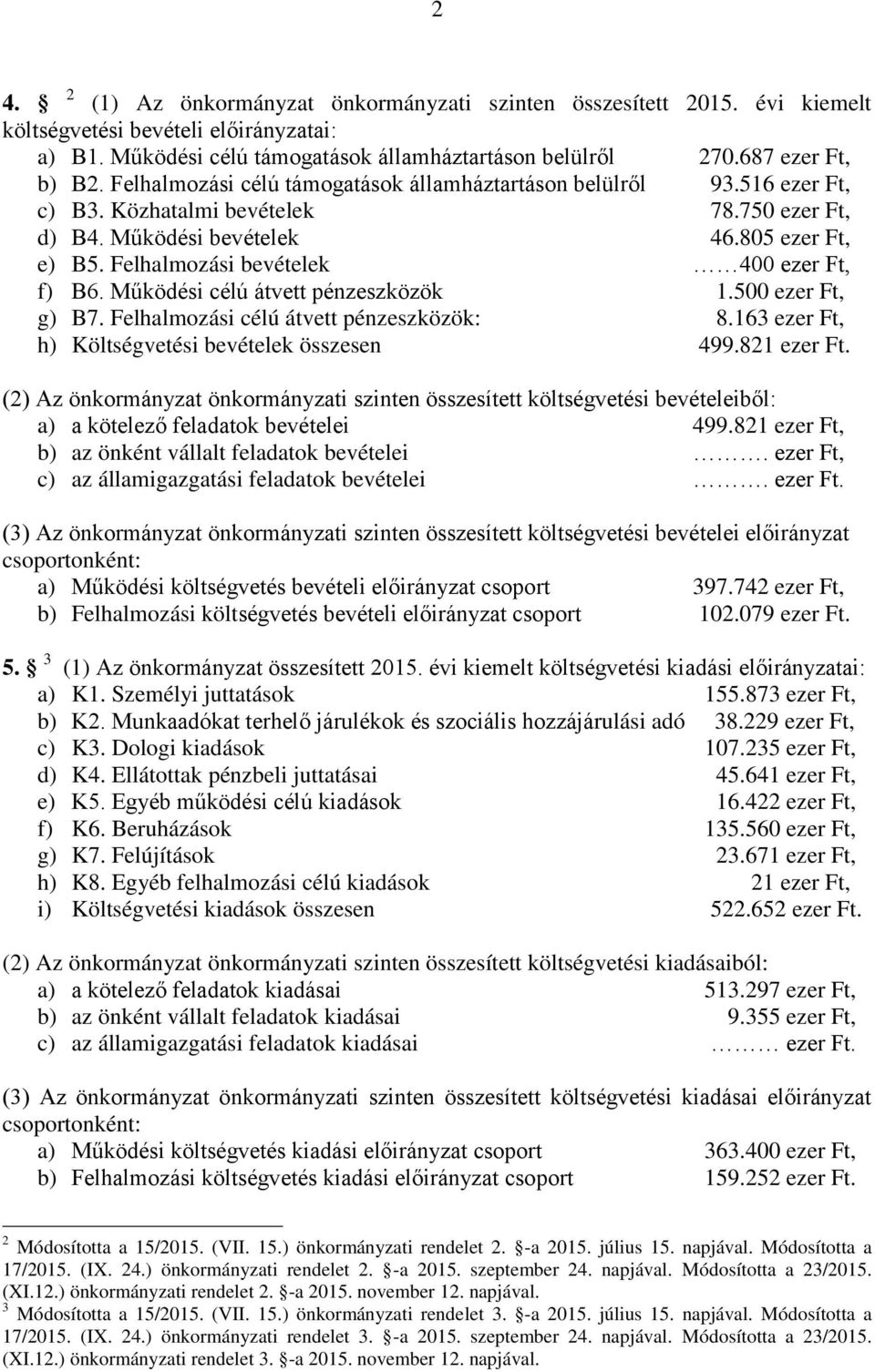 Felhalmozási bevételek 400 ezer Ft, f) B6. Működési célú átvett pénzeszközök 1.500 ezer Ft, g) B7. Felhalmozási célú átvett pénzeszközök: 8.163 ezer Ft, h) Költségvetési bevételek összesen 499.