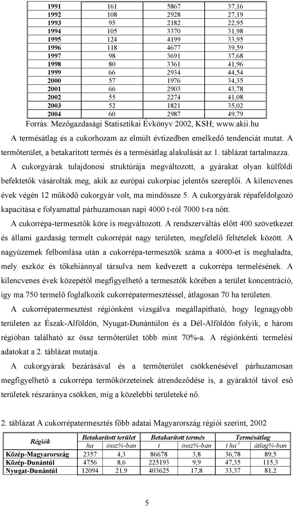 hu A termésátlag és a cukorhozam az elmúlt évtizedben emelkedő tendenciát mutat. A termőterület, a betakarított termés és a termésátlag alakulását az 1. táblázat tartalmazza.