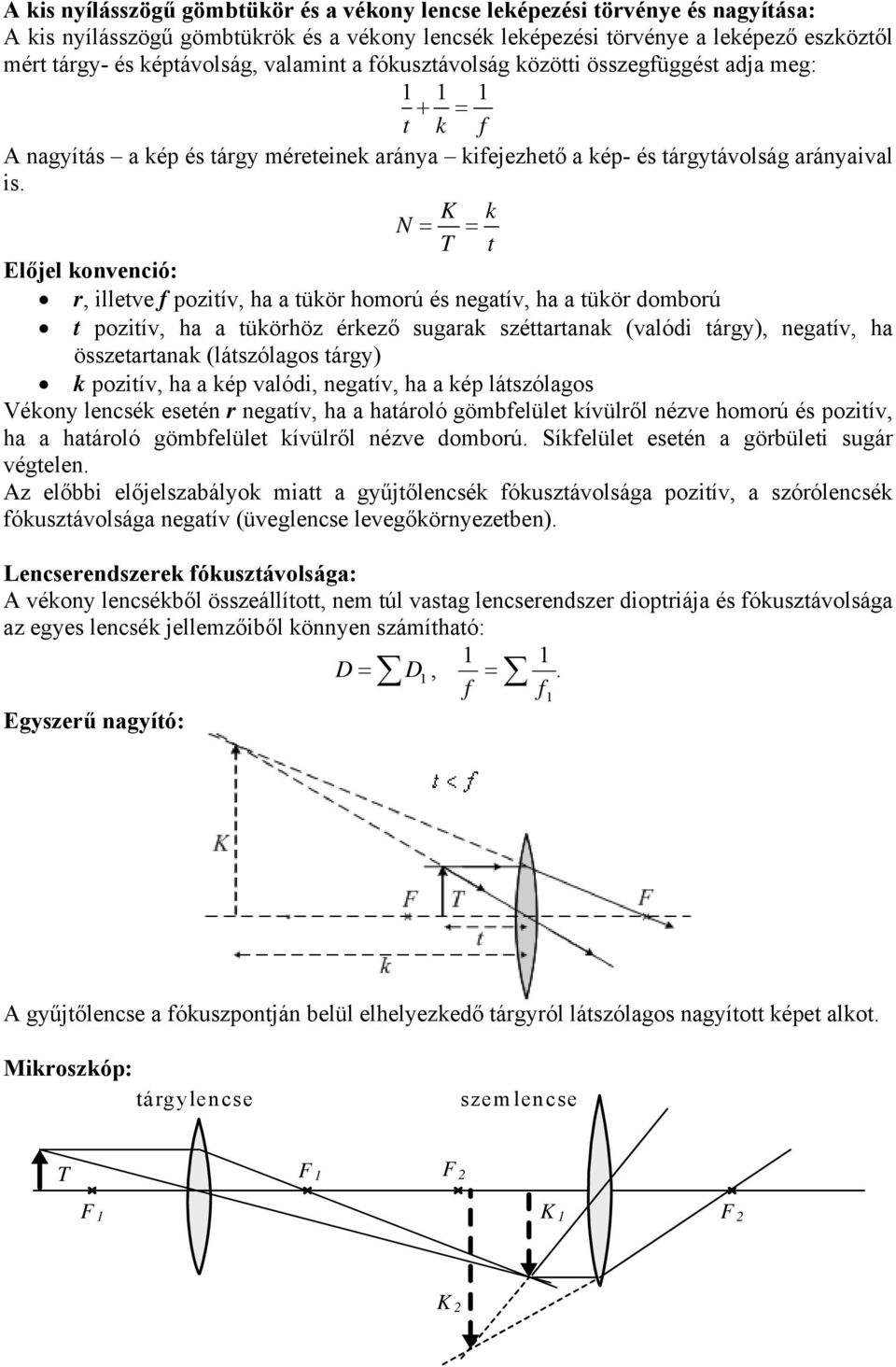 K k N = = t Előjel konvenció:, illetve f pozitív, ha a tükö homoú és negatív, ha a tükö domboú t pozitív, ha a tüköhöz ékező sugaak széttatanak (valódi tágy), negatív, ha összetatanak (látszólagos