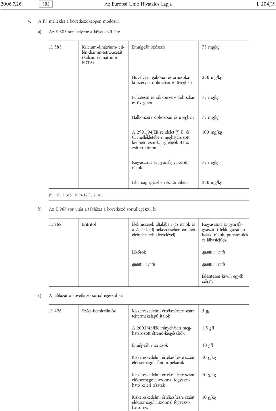 gabona- és articsókakonzervek dobozban és üvegben Puhatestű és rákkonzerv dobozban és üvegben 75 mg/kg Halkonzerv dobozban és üvegben 75 mg/kg A 2991/94/EK rendelet (*) B. és C.
