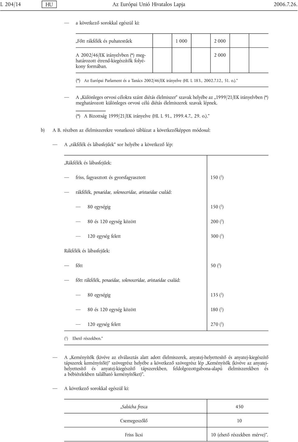2 000 (*) Az Európai Parlament és a Tanács 2002/46/EK irányelve (HL L 183., 2002.7.12., 51. o.). A Különleges orvosi célokra szánt diétás élelmiszer szavak helyébe az 1999/21/EK irányelvben (*) meghatározott különleges orvosi célú diétás élelmiszerek szavak lépnek.
