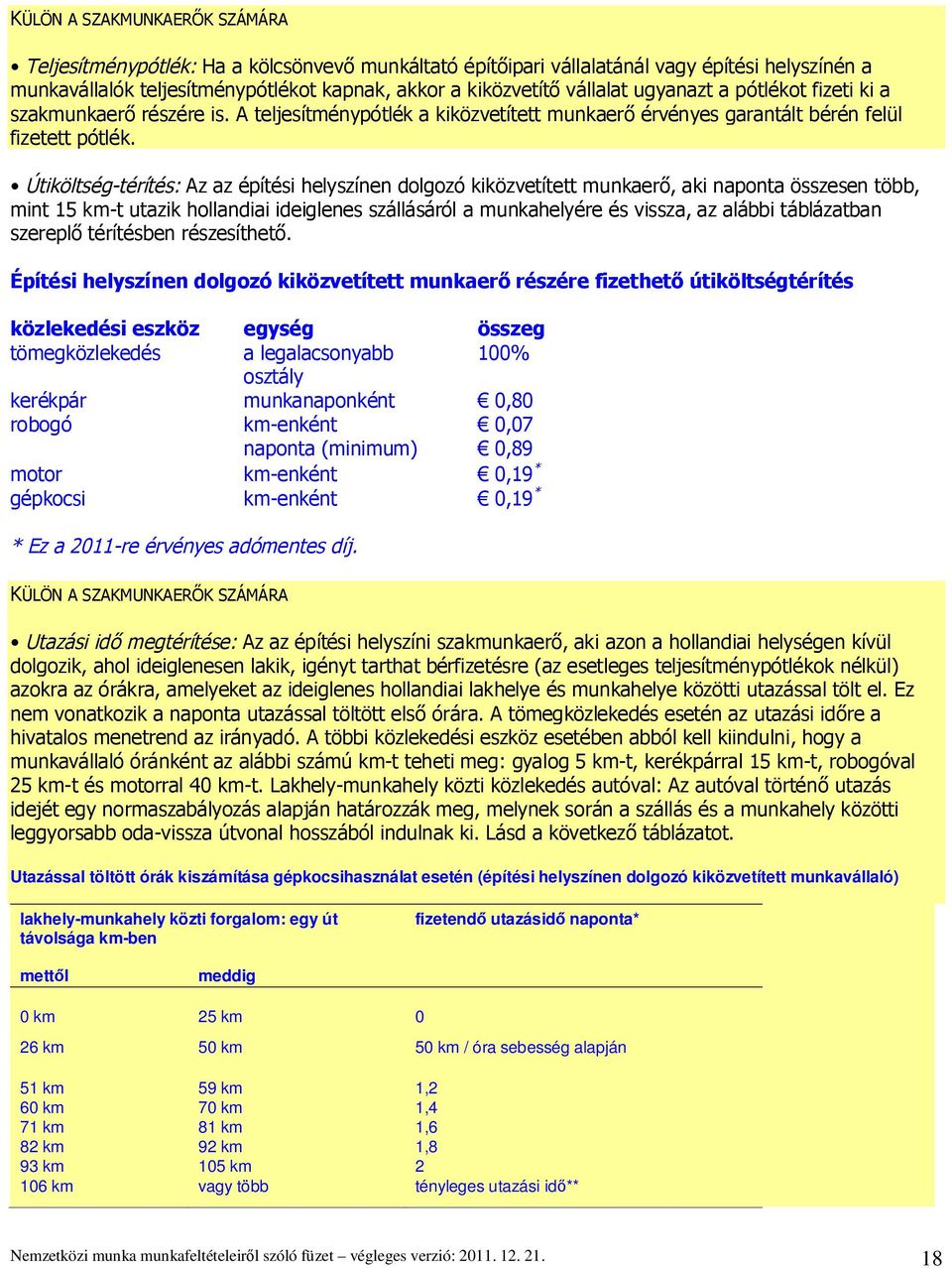 Útiköltség-térítés: Az az építési helyszínen dolgozó kiközvetített munkaer, aki naponta összesen több, mint 15 km-t utazik hollandiai ideiglenes szállásáról a munkahelyére és vissza, az alábbi