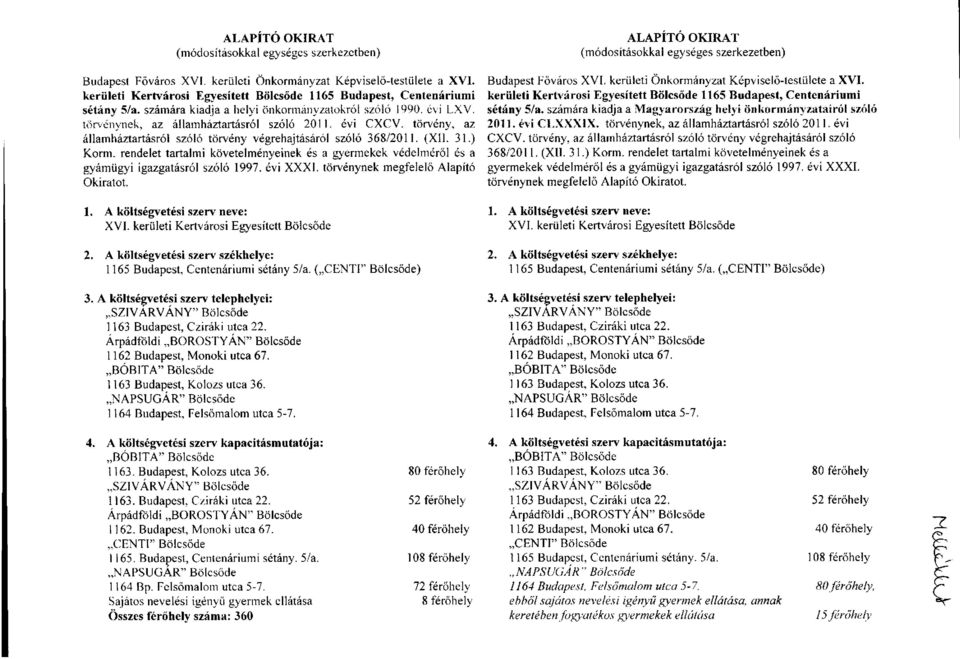 törvény, az államháztartásról szóló törvény végrehajtásáról szóló 368/2011. (XII. 31.) Korm. rendelet tartalmi követelményeinek és a gyermekek védelméről és a gyámügyi igazgatásról szóló 1997.