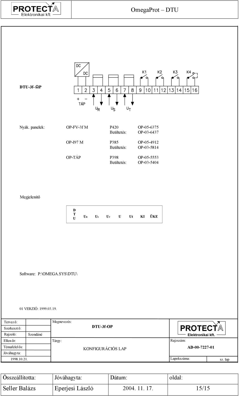 Beültetés: OP-03-5404 Megjelenítő D T U U R US UT U Ut KI ÜKE Software: P:\OMEGA.SYS\DTU\ 01 VERZIÓ: 199