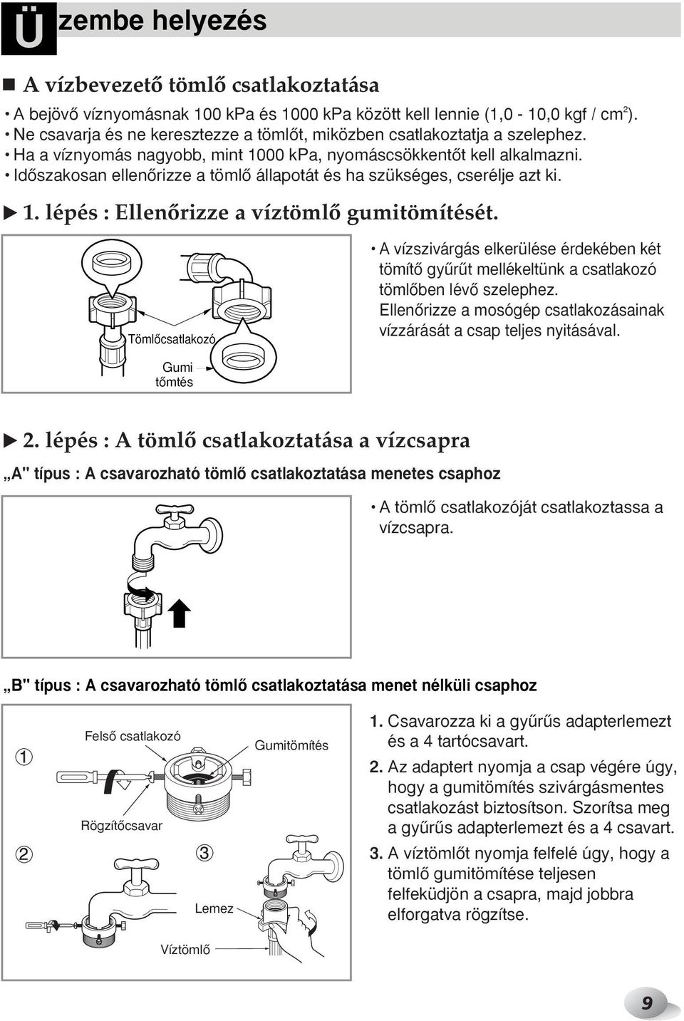 IdŒszakosan ellenœrizze a tömlœ állapotát és ha szükséges, cserélje azt ki. ❿ 1. lépés : EllenŒrizze a víztömlœ gumitömítését.