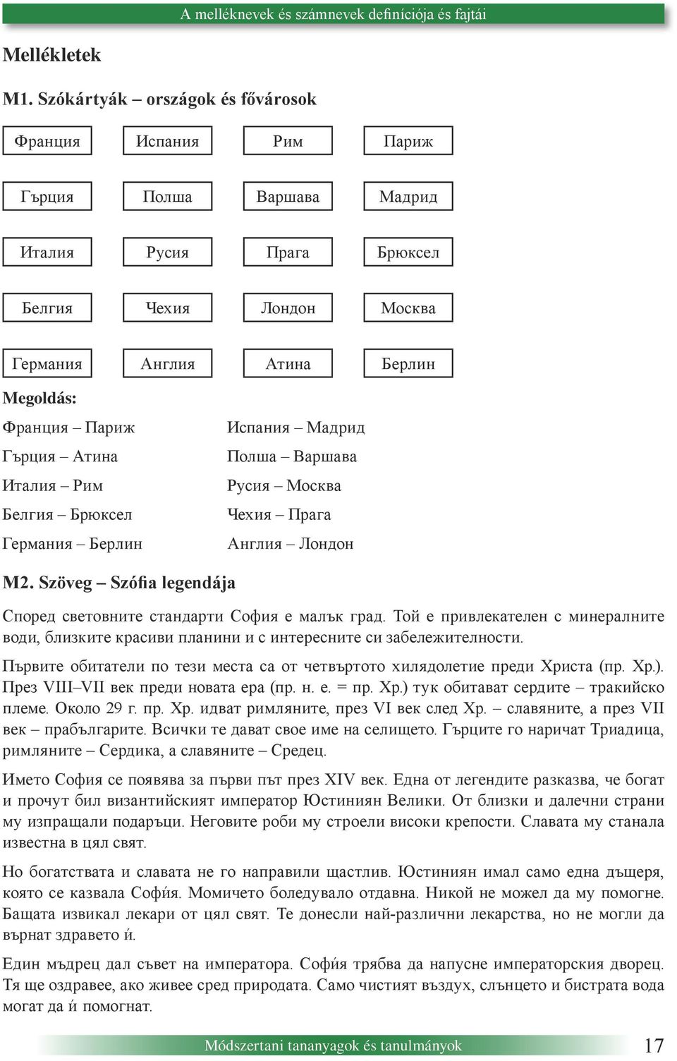 Гърция Атина Италия Рим Белгия Брюксел Германия Берлин Испания Мадрид Полша Варшава Русия Москва Чехия Прага Англия Лондон M2. Szöveg Szófia legendája Според световните стандарти София е малък град.