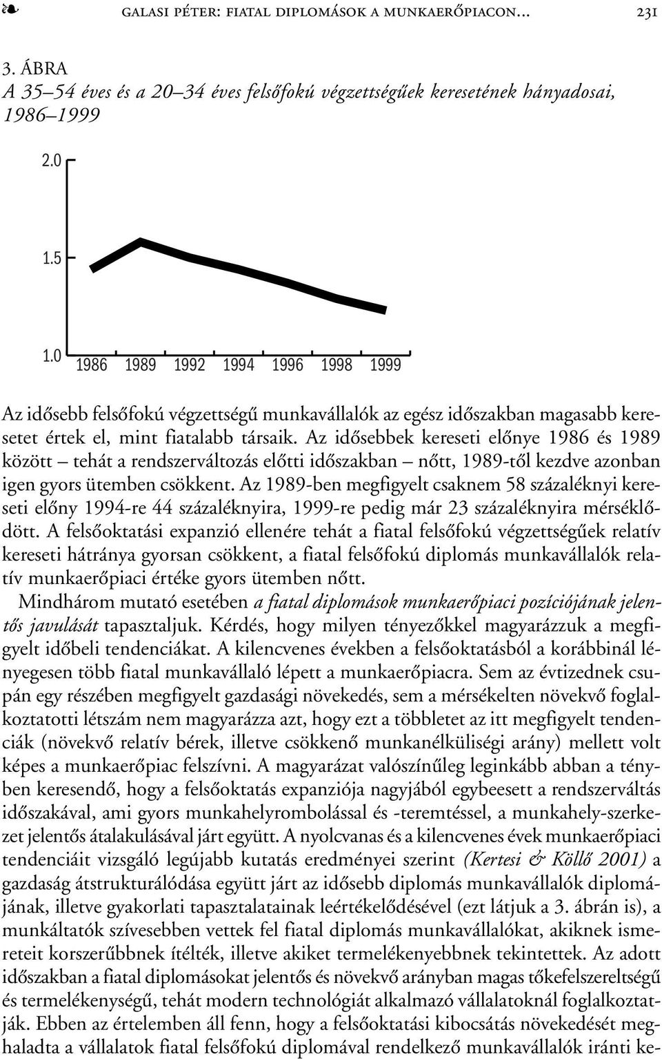Az idõsebbek kereseti elõnye 1986 és 1989 között tehát a rendszerváltozás elõtti idõszakban nõtt, 1989-tõl kezdve azonban igen gyors ütemben csökkent.
