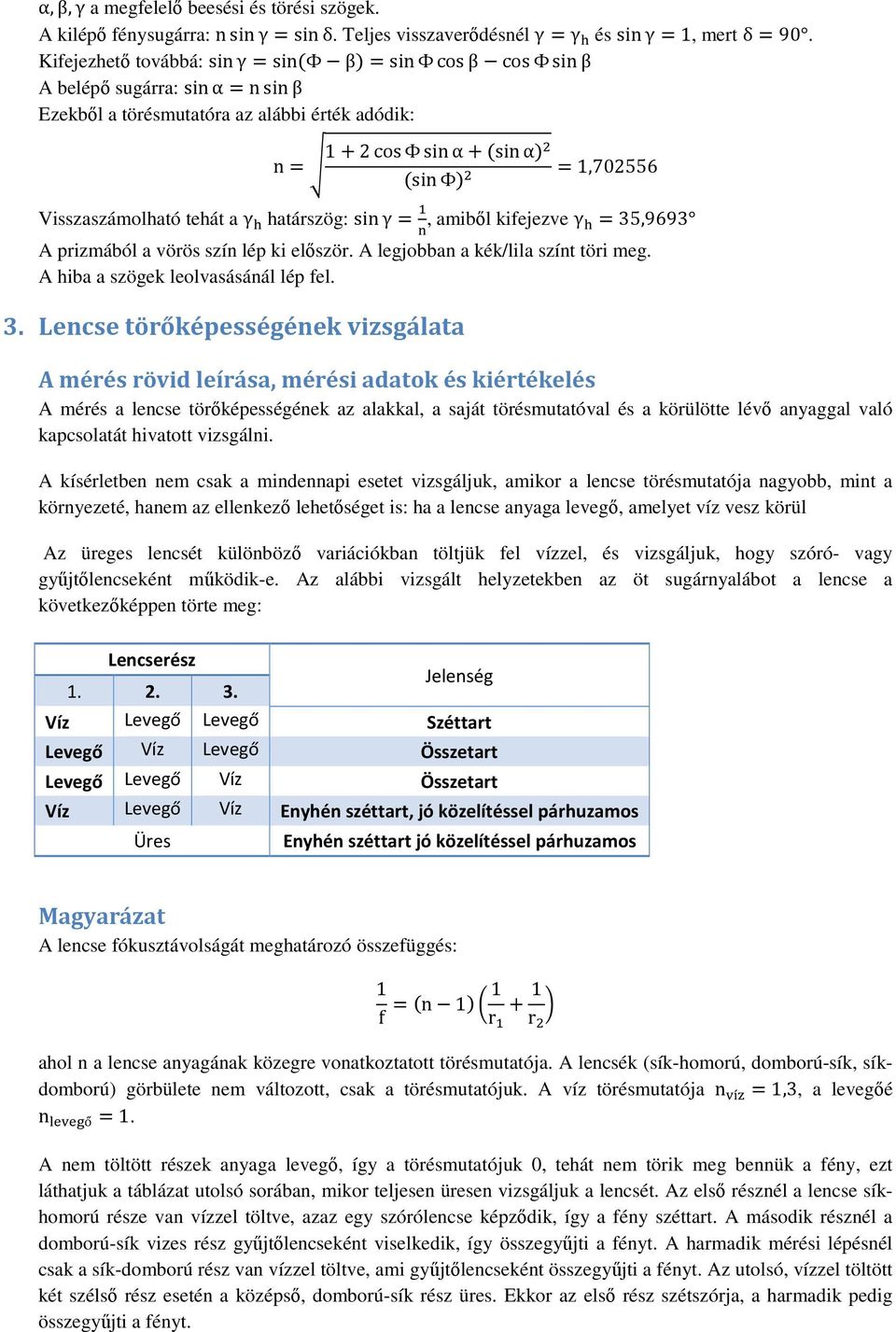 határszög: sinγ=, amiből kifejezve γ =35,9693 A prizmából a vörös szín lép ki először. A legjobban a kék/lila színt töri meg. A hiba a szögek leolvasásánál lép fel. 3.