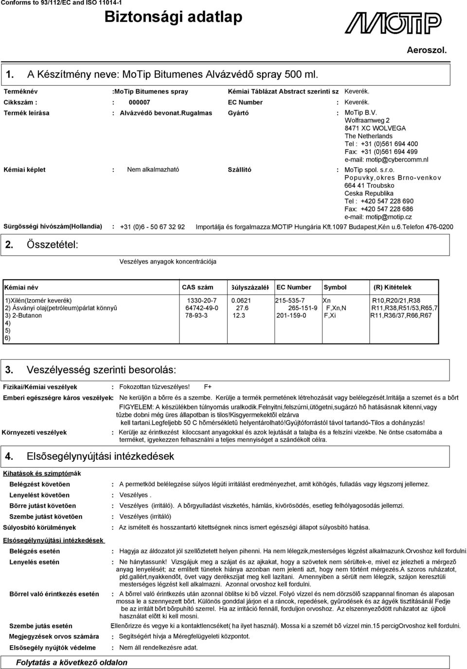 Wolfraamweg 2 8471 XC WOLVEGA The Netherlands Tel +31 (0)561 694 400 Fax +31 (0)561 694 499 e-mail motip@cybercomm.nl MoTip spol. s.r.o. Popuvky,okres Brno-venkov 664 41 Troubsko Ceska Republika Tel +420 547 228 690 Fax +420 547 228 686 e-mail motip@motip.