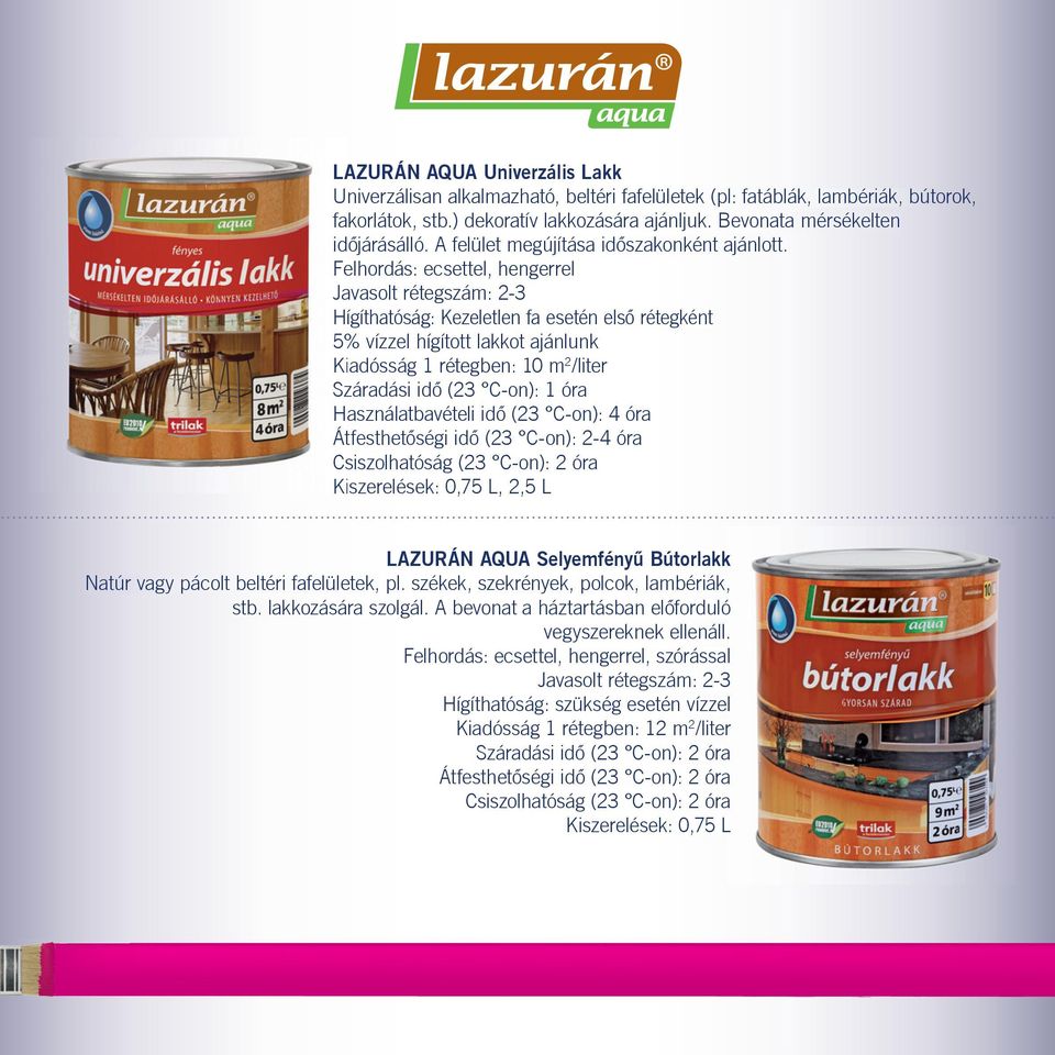 Felhordás: ecsettel, hengerrel Javasolt rétegszám: 2-3 Hígíthatóság: ezeletlen fa esetén elsô rétegként 5% vízzel hígított lakkot ajánlunk iadósság 1 rétegben: 10 m 2 /liter záradási idô (23 C-on): 1
