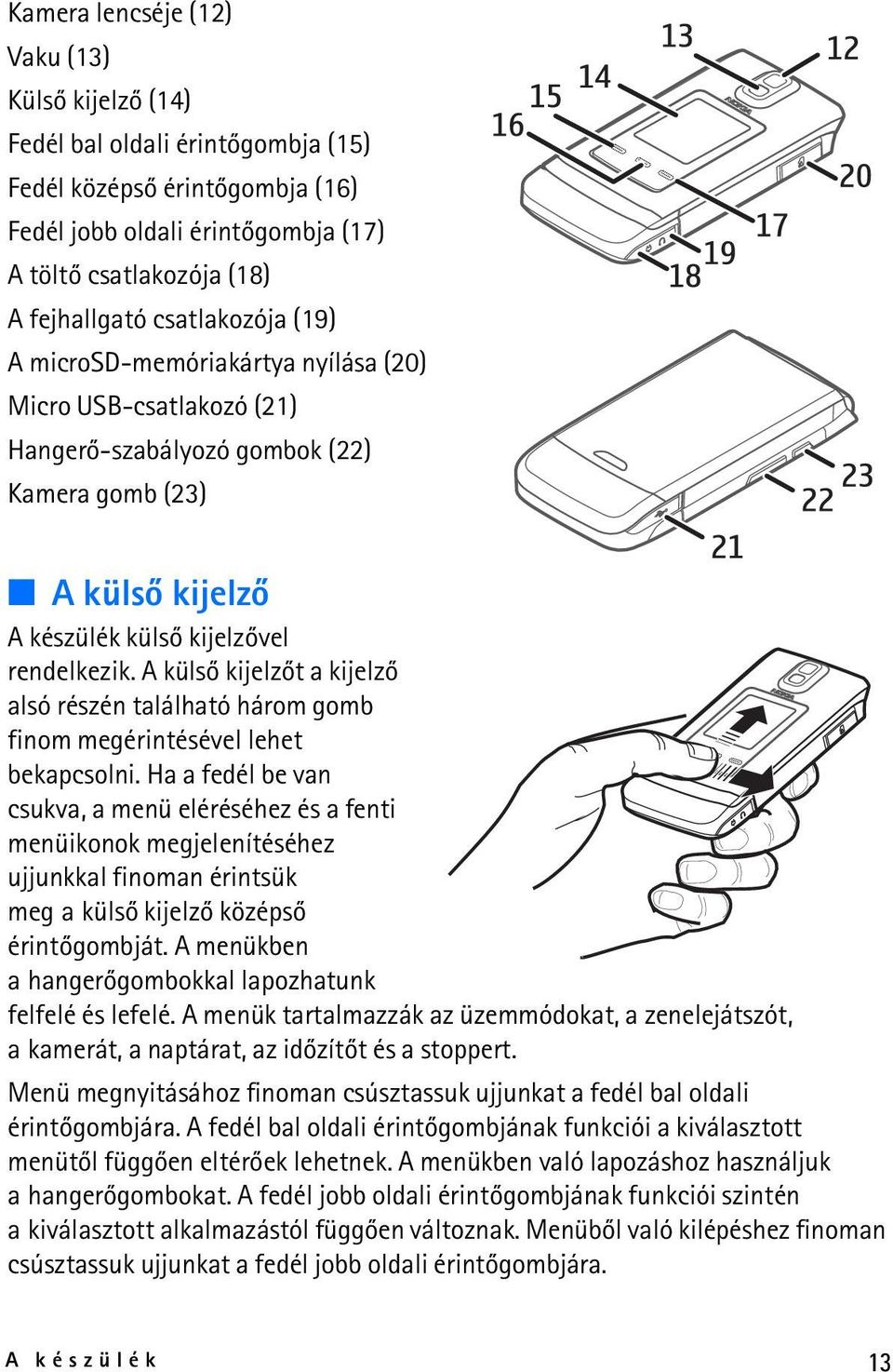 A külsõ kijelzõt a kijelzõ alsó részén található három gomb finom megérintésével lehet bekapcsolni.