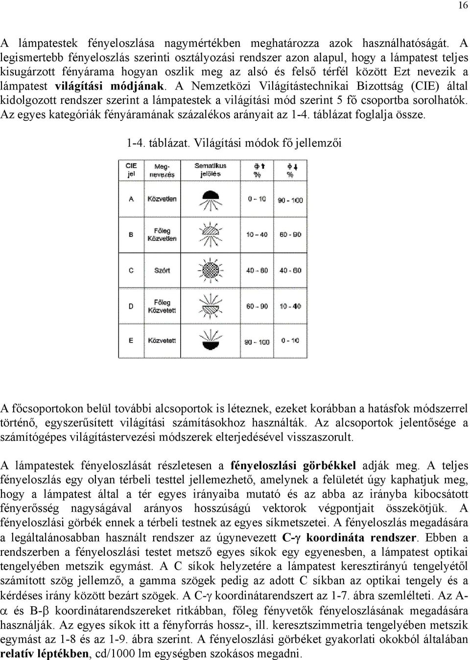 világítási módjának. A Nemzetközi Világítástechnikai Bizottság (CIE) által kidolgozott rendszer szerint a lámpatestek a világítási mód szerint 5 fő csoportba sorolhatók.