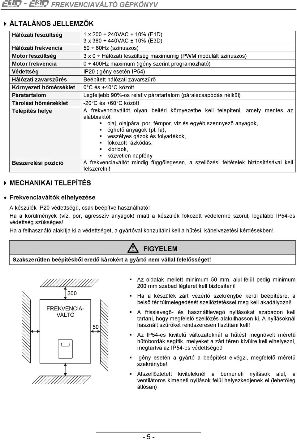 szinuszos) 0 400Hz maximum (igény szerint programozható) IP20 (igény esetén IP54) Beépített hálózati zavarszűrő 0 C és +40 C között Legfeljebb 90%-os relatív páratartalom (páralecsapódás nélkül) -20