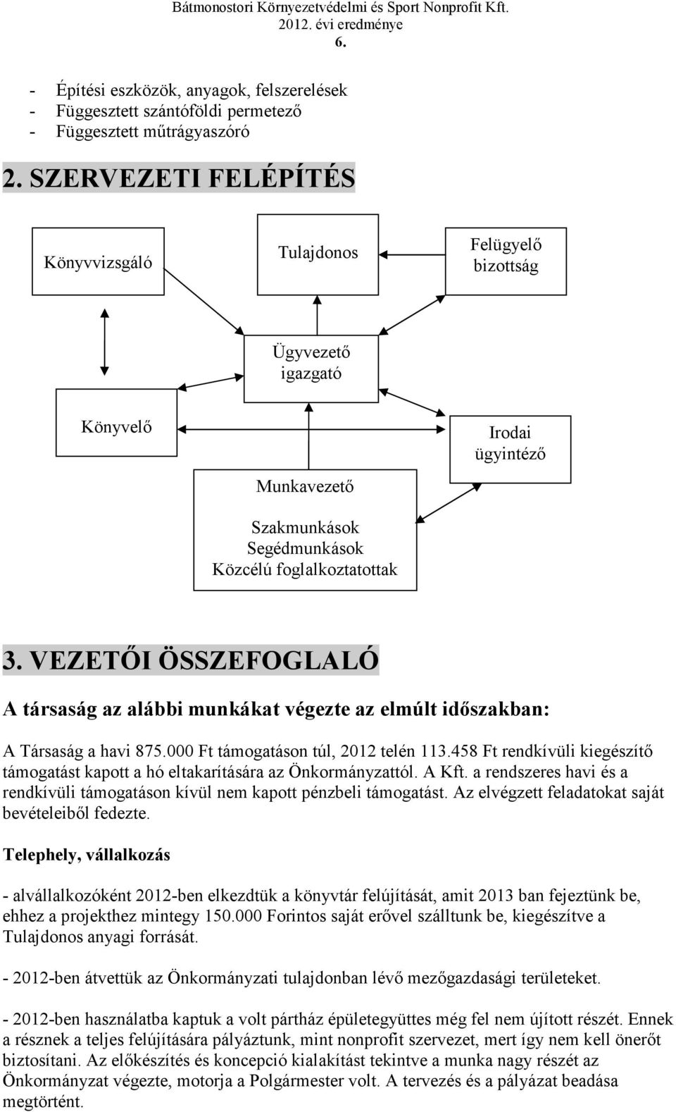VEZETI ÖSSZEFOGLALÓ A társaság az alábbi munkákat végezte az elmúlt idszakban: A Társaság a havi 875. Ft támogatáson túl, 212 telén 113.