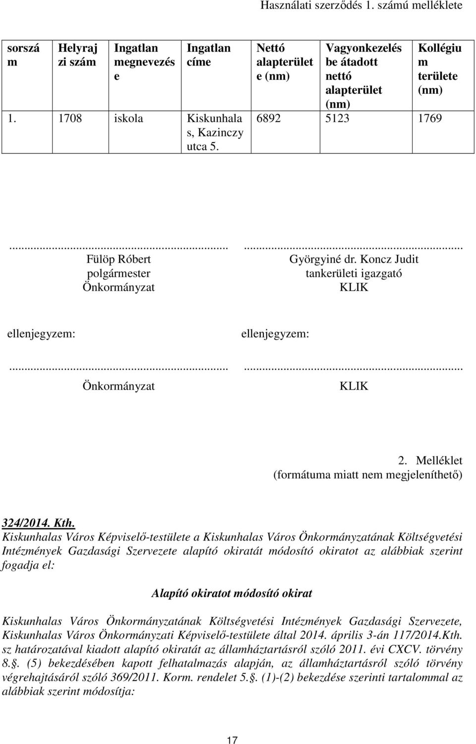 Koncz Judit tankerületi igazgató KLIK ellenjegyzem:... Önkormányzat ellenjegyzem:... KLIK 2. Melléklet (formátuma miatt nem megjeleníthető) 324/2014. Kth.