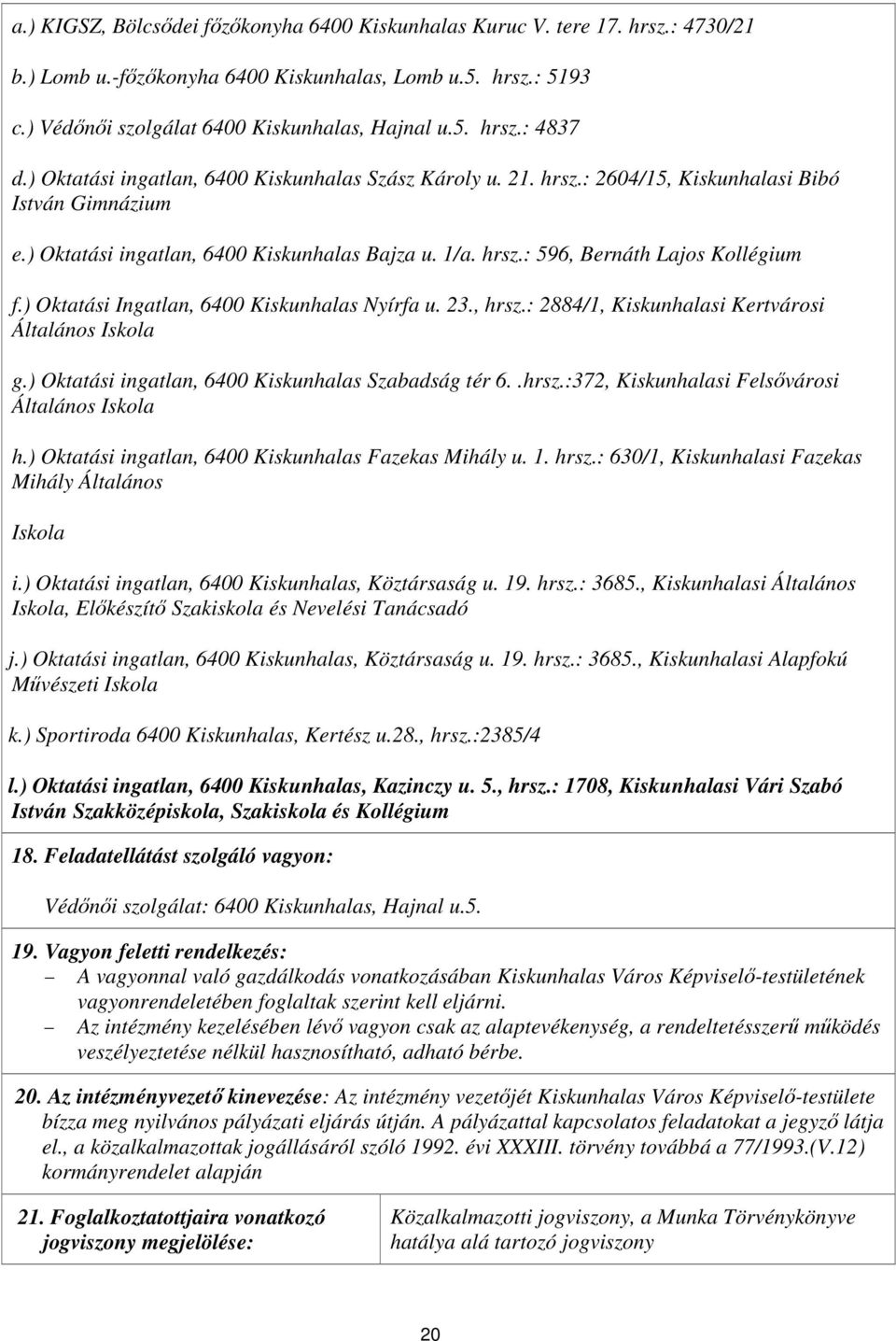 ) Oktatási Ingatlan, 6400 Kiskunhalas Nyírfa u. 23., hrsz.: 2884/1, Kiskunhalasi Kertvárosi Általános Iskola g.) Oktatási ingatlan, 6400 Kiskunhalas Szabadság tér 6..hrsz.:372, Kiskunhalasi Felsővárosi Általános Iskola h.