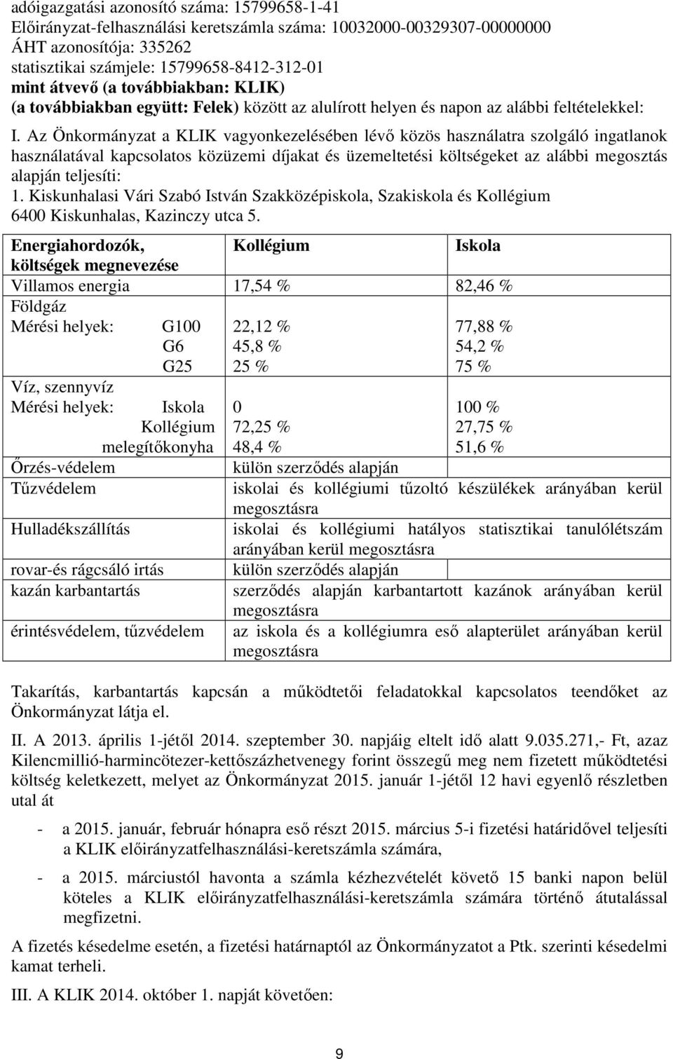 Az Önkormányzat a KLIK vagyonkezelésében lévő közös használatra szolgáló ingatlanok használatával kapcsolatos közüzemi díjakat és üzemeltetési költségeket az alábbi megosztás alapján teljesíti: 1.