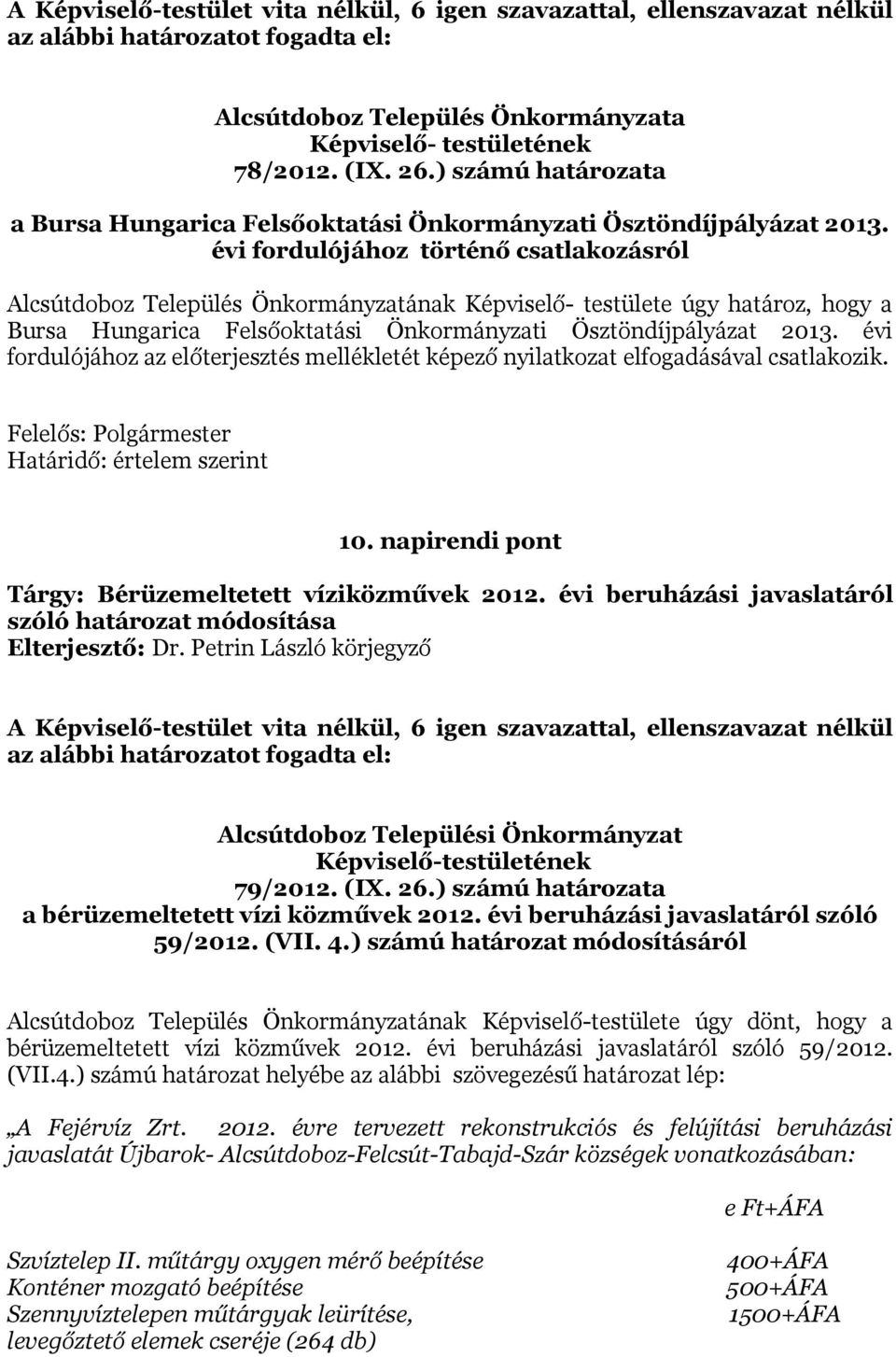 évi fordulójához történő csatlakozásról Alcsútdoboz Település Önkormányzatának Képviselő- testülete úgy határoz, hogy a Bursa Hungarica Felsőoktatási Önkormányzati Ösztöndíjpályázat 2013.
