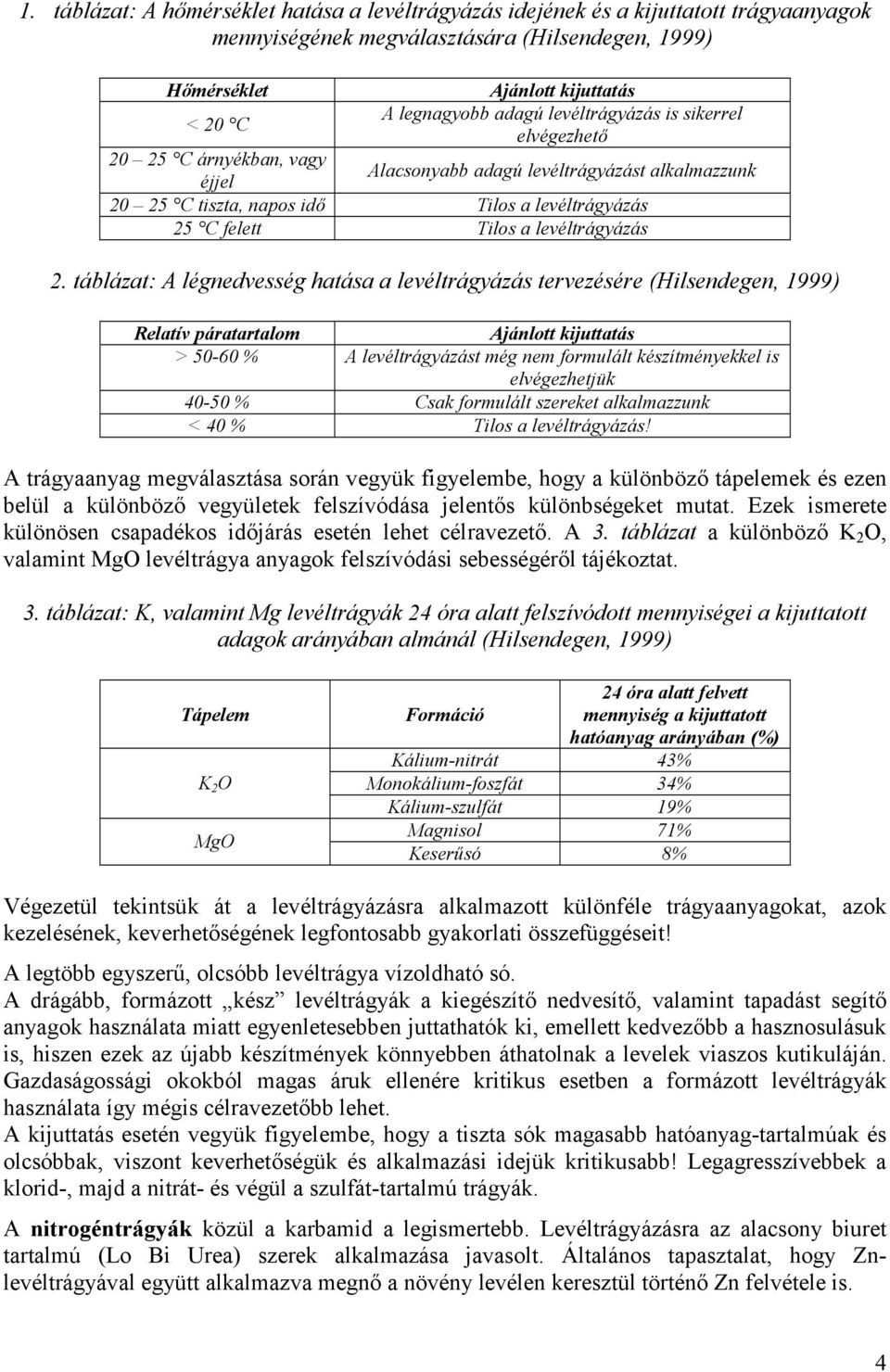 sikerrel elvégezhet. 20 25 C árnyékban, vagy éjjel Alacsonyabb adagú levéltrágyázást alkalmazzunk 20 25 C tiszta, napos id. Tilos a levéltrágyázás 25 C felett Tilos a levéltrágyázás 2.