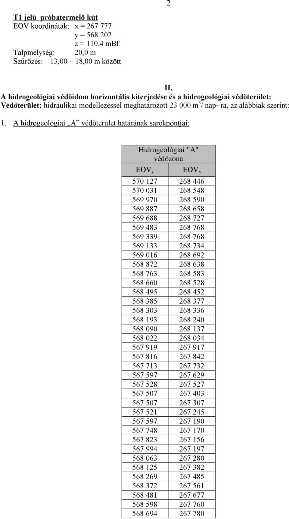 A hidrogeológiai A védőterület határának sarokpontjai: Hidrogeológiai "A" védőzóna EOV y EOV x 570 127 268 446 570 031 268 548 569 970 268 590 569 887 268 658 569 688 268 727 569 483 268 768 569 339