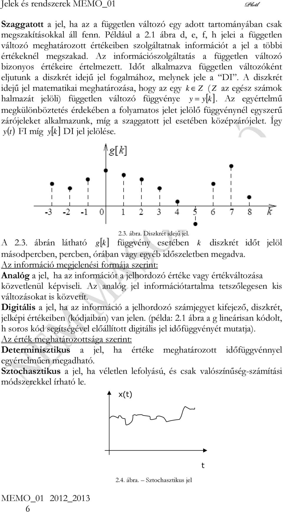 Idő alkalmazva függelen válozókén eljuunk a diszkré idejű jel fogalmához, melynek jele a DI.