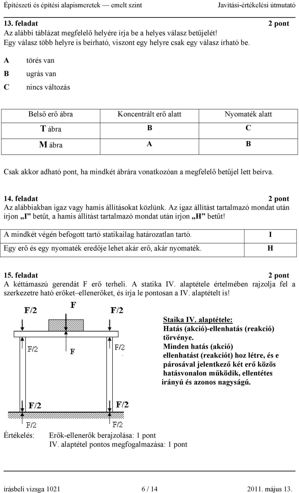 beírva. 14. feladat 2 pont Az alábbiakban igaz vagy hamis állításokat közlünk. Az igaz állítást tartalmazó mondat után írjon I betűt, a hamis állítást tartalmazó mondat után írjon H betűt!