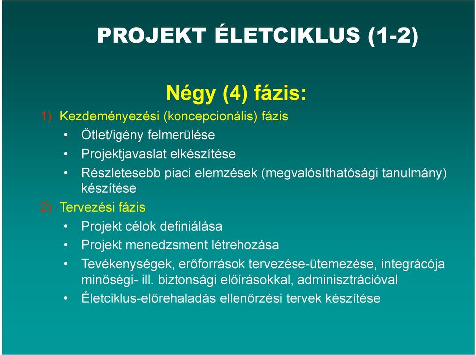 fázis Projekt célok definiálása iálá Projekt menedzsment létrehozása Tevékenységek, erőforrások