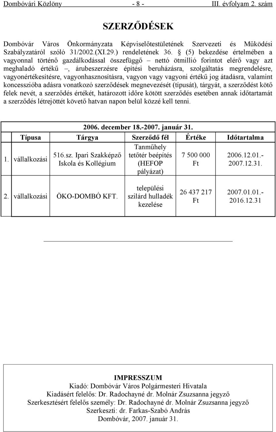 vagyonértékesítésre, vagyonhasznosításra, vagyon vagy vagyoni értékű jog átadásra, valamint koncesszióba adásra vonatkozó szerződések megnevezését (típusát), tárgyát, a szerződést kötő felek nevét, a