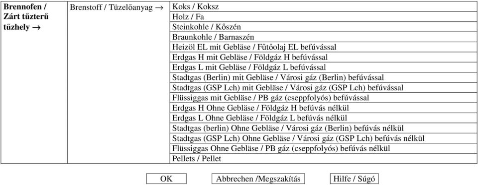 Flüssiggas mit Gebläse / PB gáz (cseppfolyós) befúvással Erdgas H Ohne Gebläse / Földgáz H befúvás nélkül Erdgas L Ohne Gebläse / Földgáz L befúvás nélkül Stadtgas (berlin) Ohne Gebläse / Városi