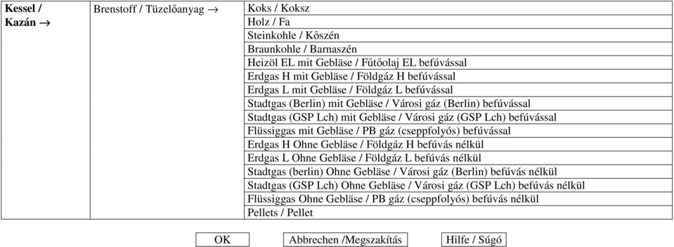 mit Gebläse / PB gáz (cseppfolyós) befúvással Erdgas H Ohne Gebläse / Földgáz H befúvás nélkül Erdgas L Ohne Gebläse / Földgáz L befúvás nélkül Stadtgas (berlin) Ohne Gebläse / Városi gáz