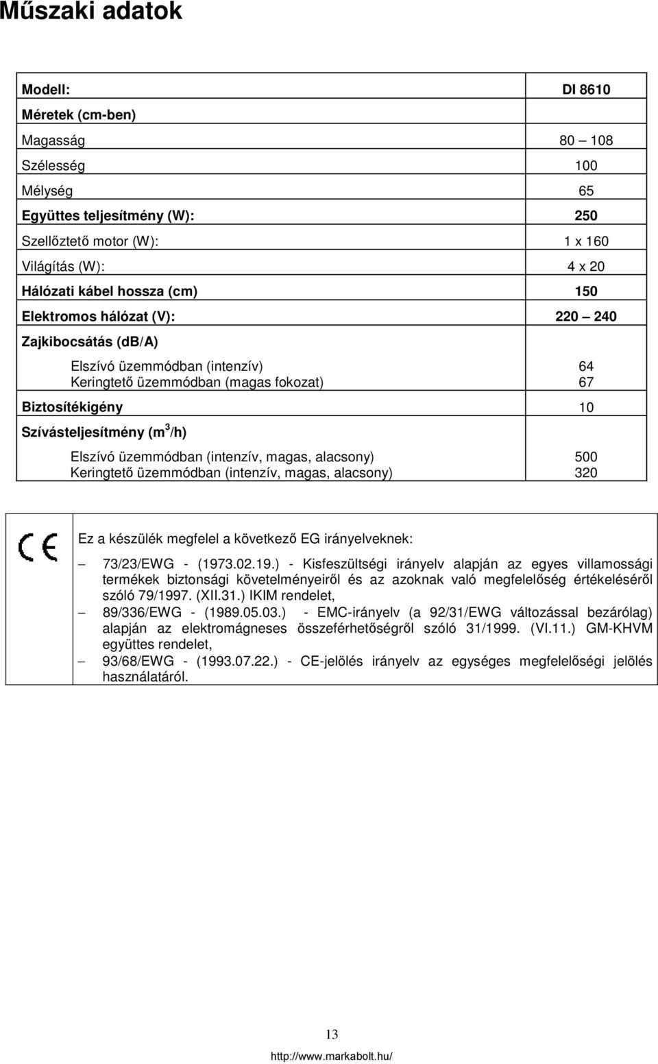 (intenzív, magas, alacsony) Keringtető üzemmódban (intenzív, magas, alacsony) 64 67 500 320 Ez a készülék megfelel a következő EG irányelveknek: 73/23/EWG - (197