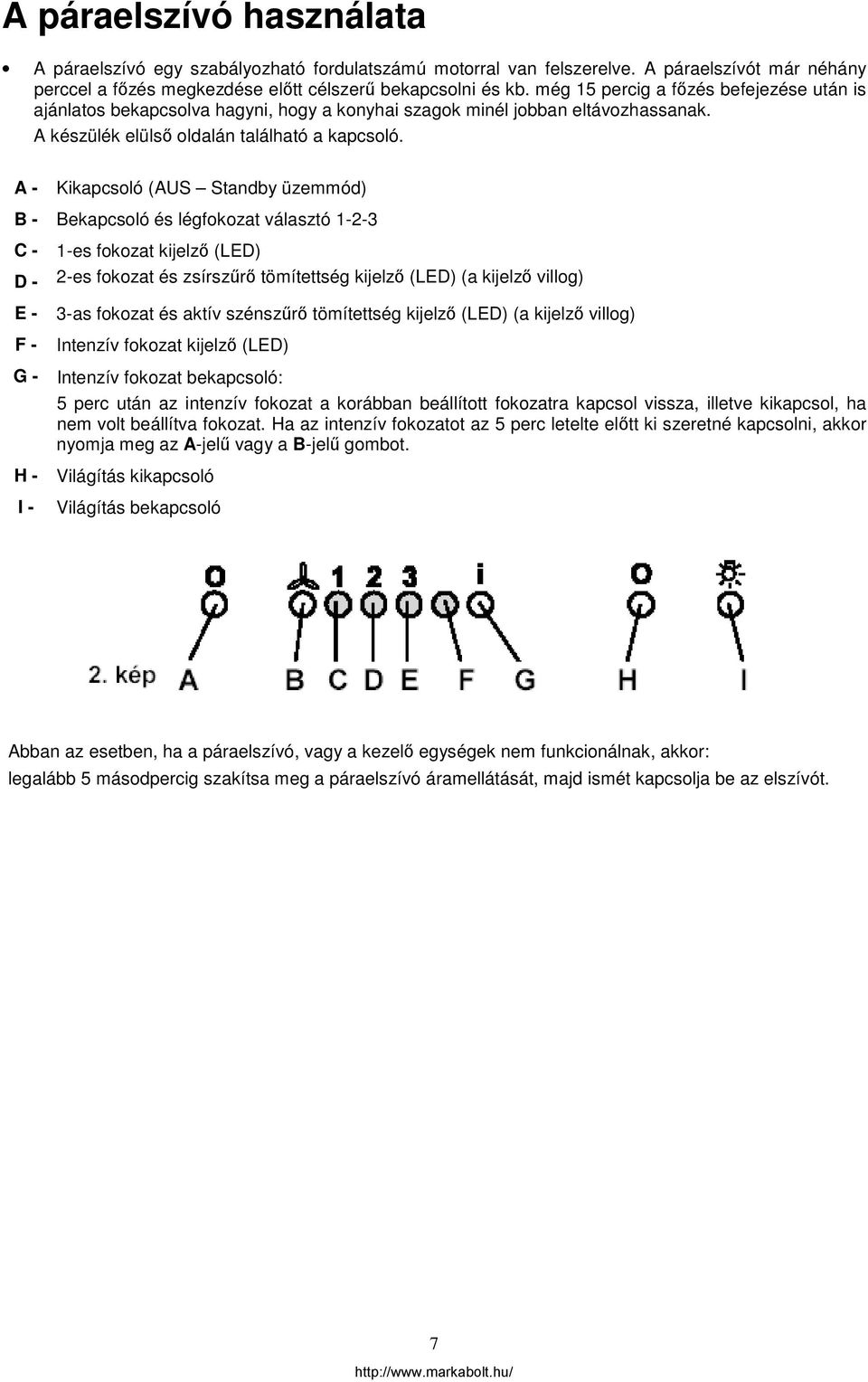 A - Kikapcsoló (AUS Standby üzemmód) B - Bekapcsoló és légfokozat választó 1-2-3 C - D - E - F - 1-es fokozat kijelző (LED) 2-es fokozat és zsírszűrő tömítettség kijelző (LED) (a kijelző villog) 3-as