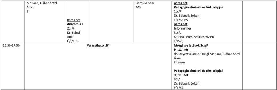Bábosik Zoltán F/I/48, 15,30-17.00 Választható B 9., 11.