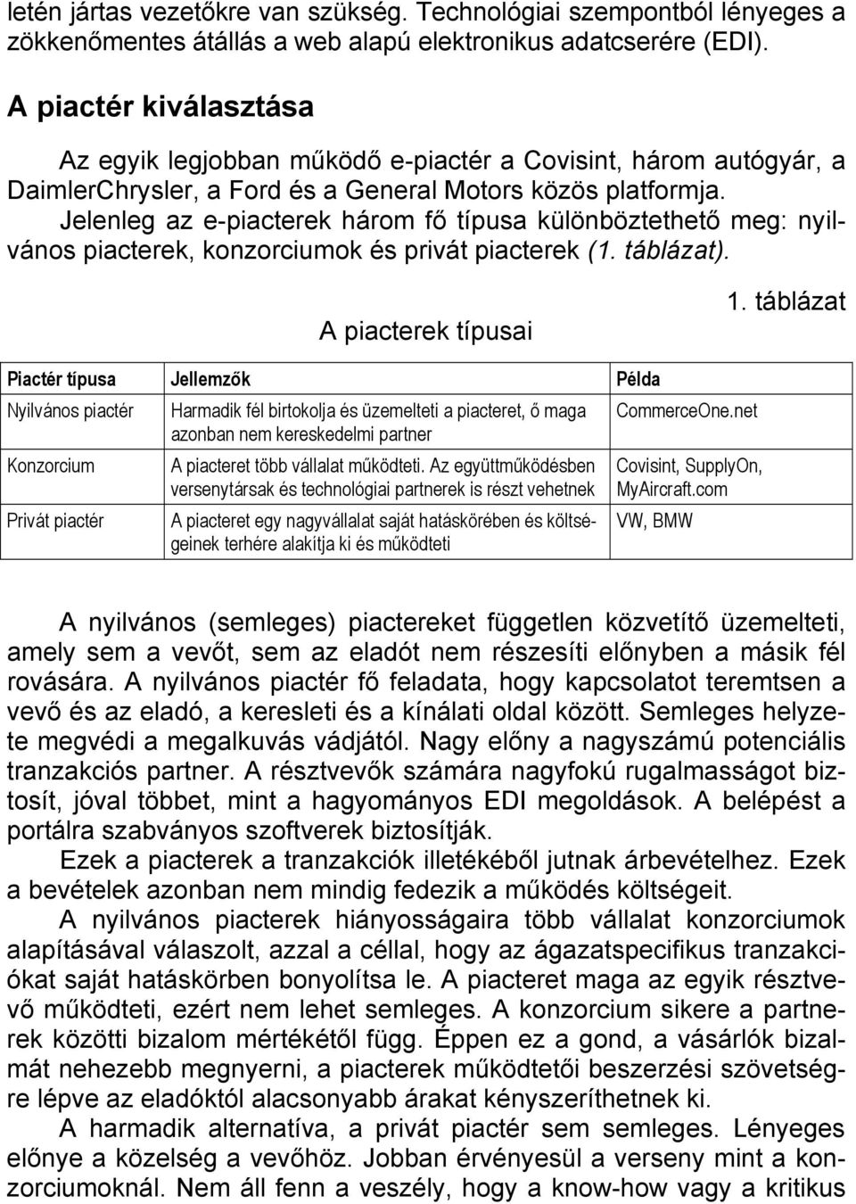 Jelenleg az e-piacterek három fő típusa különböztethető meg: nyilvános piacterek, konzorciumok és privát piacterek (1. táblázat). A piacterek típusai 1.