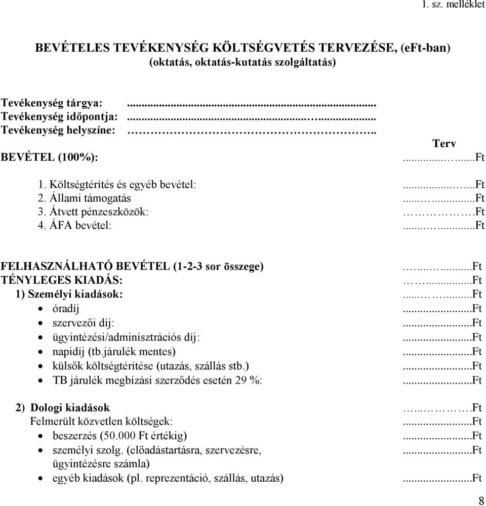 ......ft TÉNYLEGES KIADÁS:...Ft 1) Személyi kiadások:......ft óradíj szervezői díj: ügyintézési/adminisztrációs díj: napidíj (tb.járulék mentes) külsők költségtérítése (utazás, szállás stb.