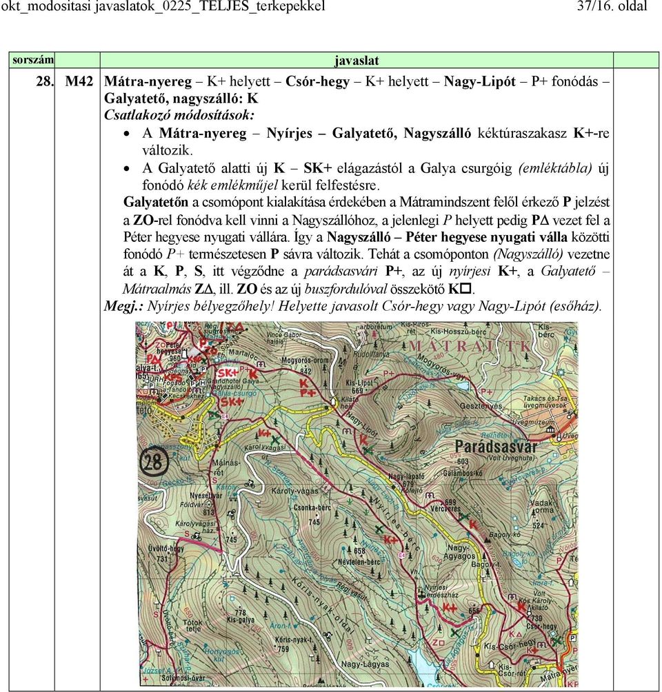 Galyatetőn a csomópont kialakítása érdekében a Mátramindszent felől érkező P jelzést a ZO-rel fonódva kell vinni a Nagyszállóhoz, a jelenlegi P helyett pedig P vezet fel a Péter hegyese nyugati
