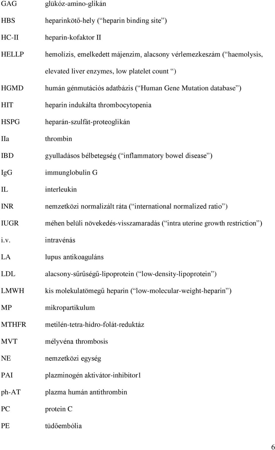 LA LDL LMWH MP MTHFR MVT NE PAI ph-at PC PE humán génmutációs adatbázis ( Human Gene Mutation database ) heparin indukálta thrombocytopenia heparán-szulfát-proteoglikán thrombin gyulladásos