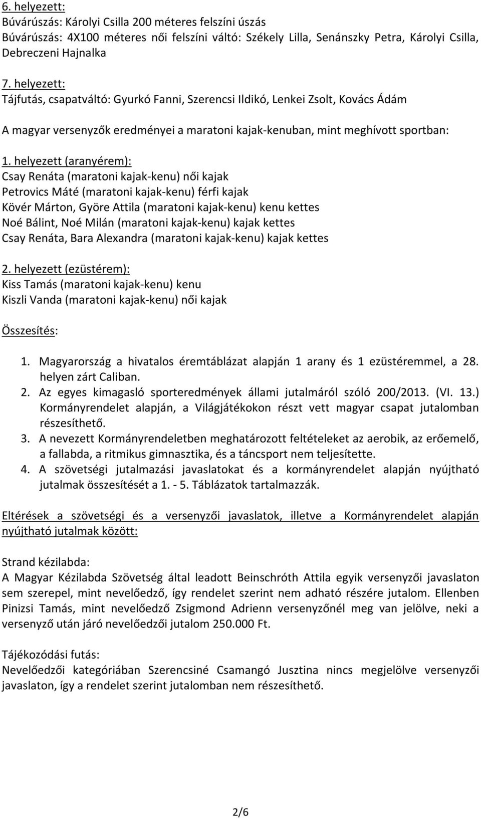 helyezett (aranyérem): Csay Renáta (maratoni kajak-kenu) női kajak Petrovics Máté (maratoni kajak-kenu) férfi kajak Kövér Márton, Györe Attila (maratoni kajak-kenu) kenu kettes Noé Bálint, Noé Milán