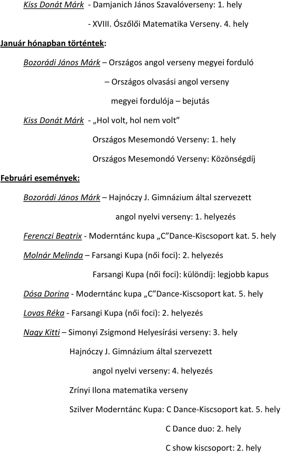 Mesemondó Verseny: 1. hely Országos Mesemondó Verseny: Közönségdíj Februári események: Bozorádi János Márk Hajnóczy J. Gimnázium által szervezett angol nyelvi verseny: 1.