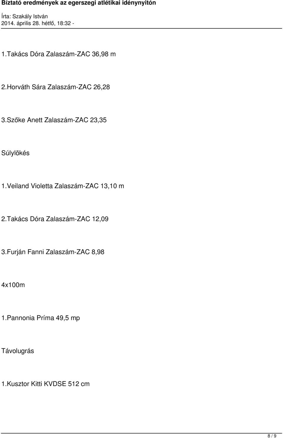 Veiland Violetta Zalaszám-ZAC 13,10 m 2.Takács Dóra Zalaszám-ZAC 12,09 3.
