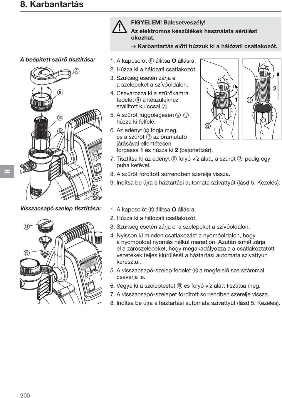 Csavarozza ki a szűrőkamra fedelét 9 a készülékhez 1 e szállított kulccsal ß A. 5. A szűrőt függőlegesen w e húzza ki felfelé. w 6.