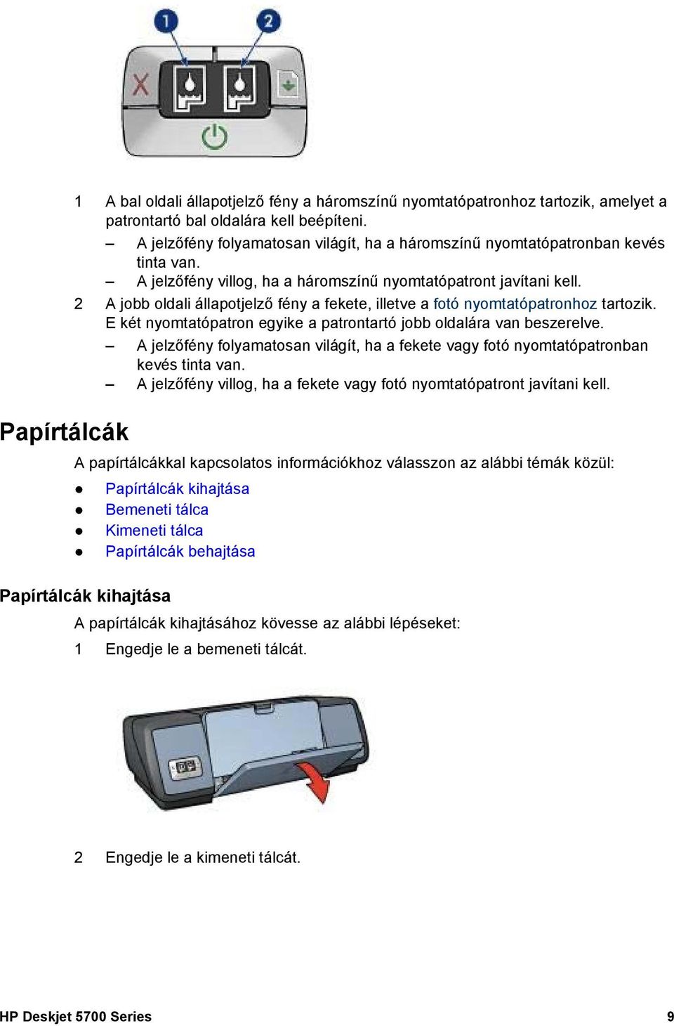 2 A jobb oldali állapotjelző fény a fekete, illetve a fotó nyomtatópatronhoz tartozik. E két nyomtatópatron egyike a patrontartó jobb oldalára van beszerelve.