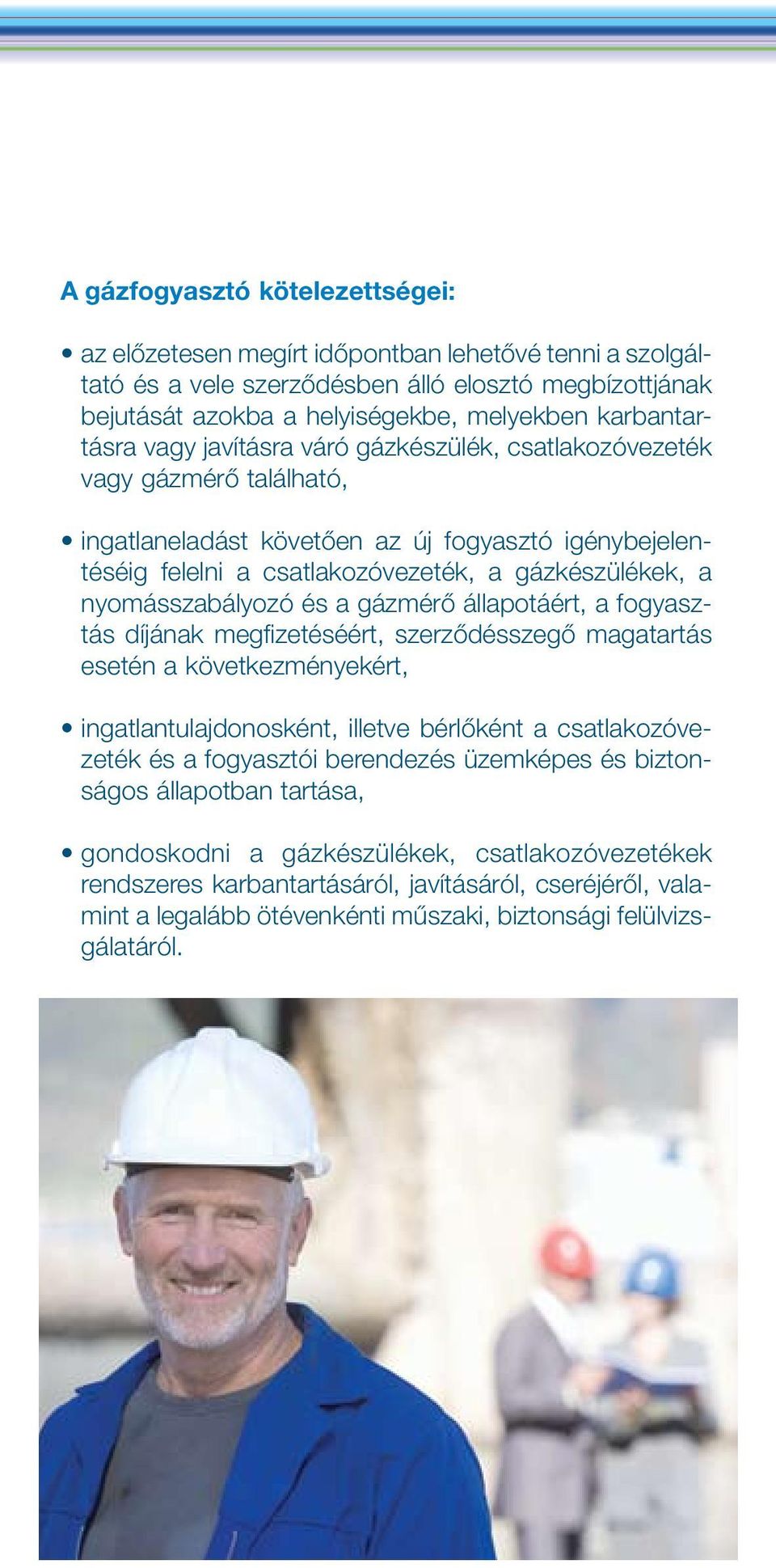 nyomásszabályozó és a gázmérô állapotáért, a fogyasztás díjának megfizetéséért, szerzôdésszegô magatartás esetén a következményekért, ingatlantulajdonosként, illetve bérlôként a csatlakozóvezeték és