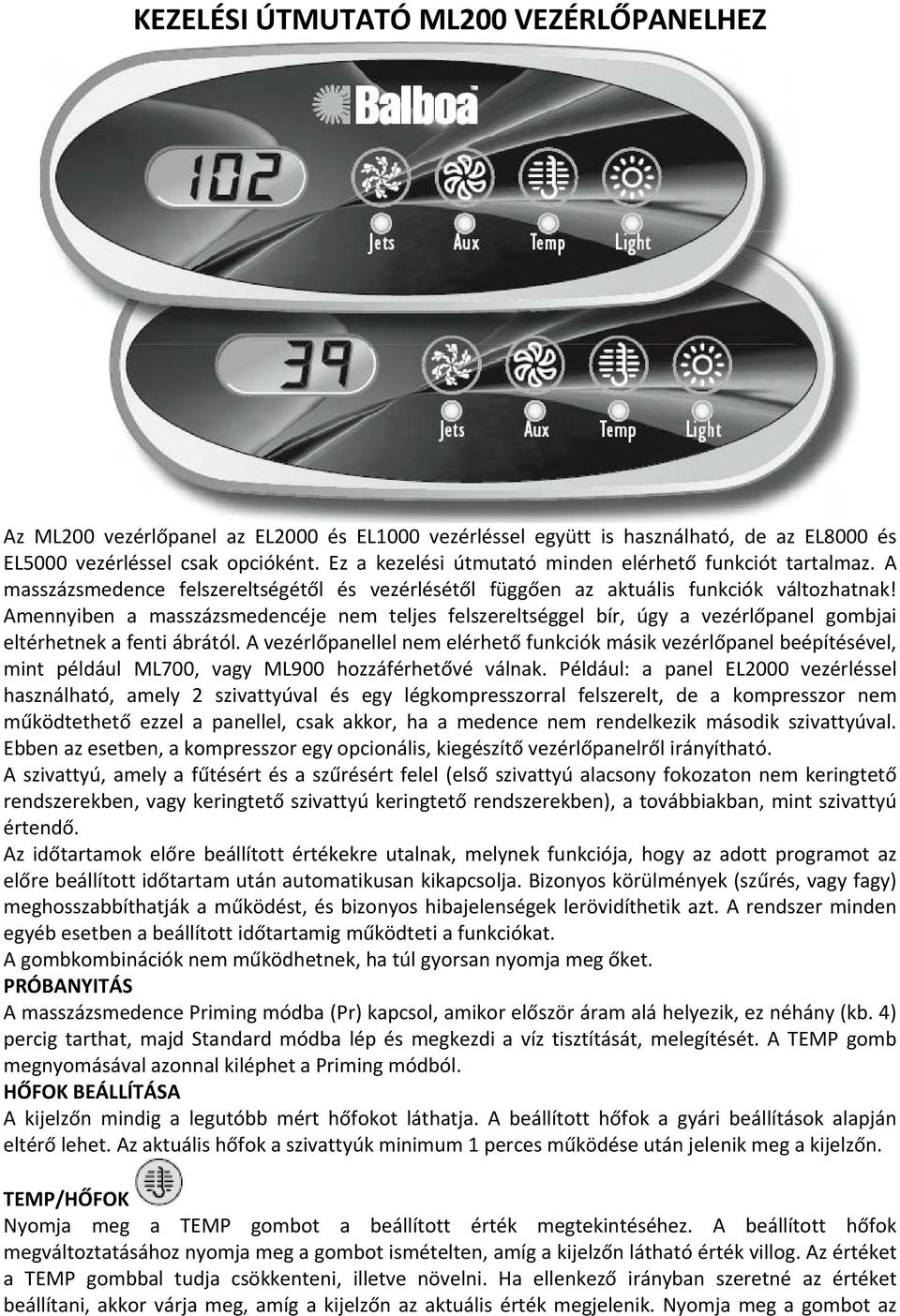 Amennyiben a masszázsmedencéje nem teljes felszereltséggel bír, úgy a vezérlőpanel gombjai eltérhetnek a fenti ábrától.