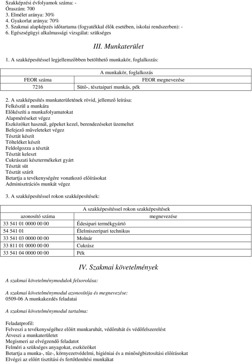 A szakképesítéssel legjellemz bben betölthet munkakör, foglalkozás: A munkakör, foglalkozás FEOR száma FEOR megnevezése 7216 Süt -, tésztaipari munkás, pék 2.